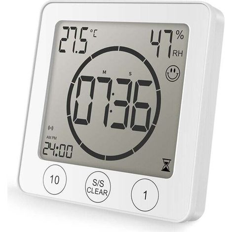 Horloge de Douche Salle de Bain, Contrôle Tactile étanche, Alarme Numérique LCD, Thermomètre Hygromètre, Minuterie de Compte à Rebours, Alimenté par Pile, pour Maquillage Cuisine (blanc) (1/3)