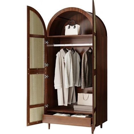 ELVMI Kleiderschrank mit 1 Kleiderstange und Schubladen, Tür mit Rattan-Optik, Schlafzimmer, 80×50×179 cm, aus MDF und Spanplatte, Nussbaum (1/5)