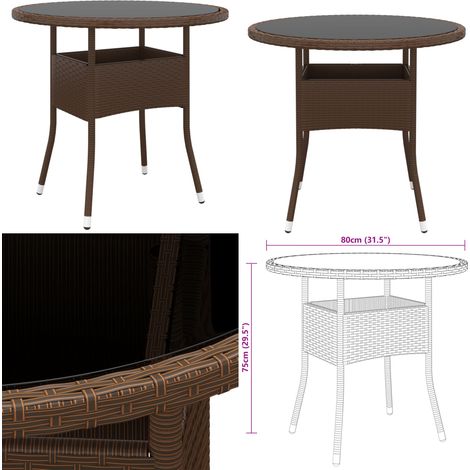 Tavolo Giardino Ø80x75 cm Vetro Temperato e Polyrattan Marrone - Vetro temperato - Polyrattan