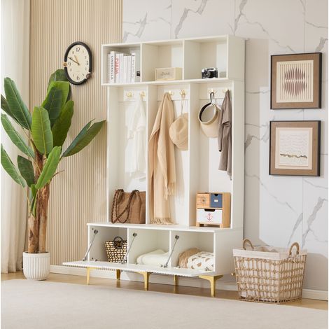 Mueble de entrada con banco, 6 ganchos dorados, blanco 120 x 40 x 191,5 cm DESVIAE (1/5)