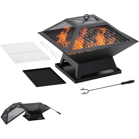 Brasero Outsunny 45 x 45 x 34 cm en acier inoxydable avec pare-étincelles et tisonnier, panier à feu pour jardin, balcon, barbecue et camping, noir (1/5)