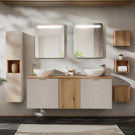 Set Doppelwaschtisch 160cm 4 Türen LED Spiegel Säule und 3 Wandschränke Manoa Kaschmir und Holz
