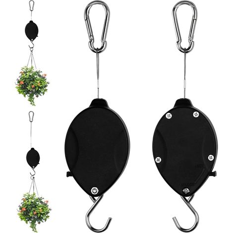 Lot de 2 cintres rétractables pour plantes, poulie réglable pour suspendre des plantes, pour l'intérieur et le jardin, à appliquer au panier de fleurs, mangeoire à oiseaux (noir) (1/5)