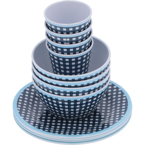 Service de table 12 pièces en mélamine bleu foncé à motif quadrillé : tasses, bols et assiettes, idéal pour la maison, le restaurant et la cuisine. (1/5)