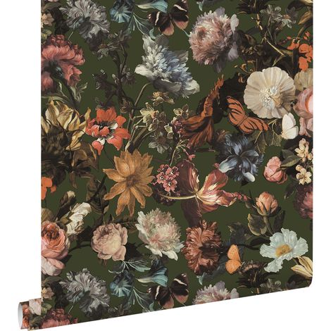 papier peint fleurs vert olive grisé - ESTAhome (1/5)