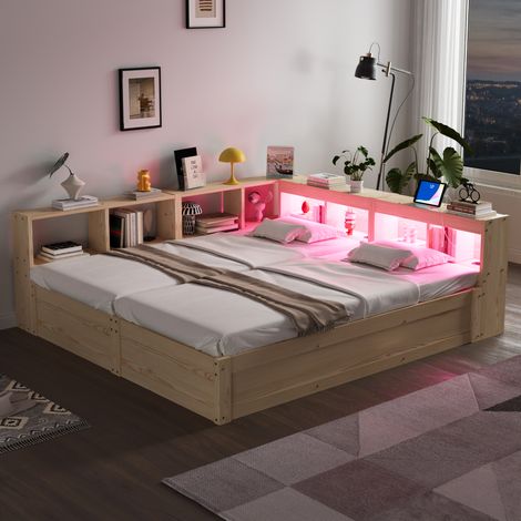 Lit double modulable,Lit enfant 180x200 cm séparable en 2 lits 90x200 avec coffres hydrauliques,LED,prises-Pin MDF-Bois Naturel (1/5)