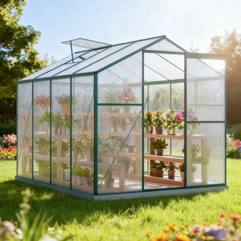 Serre en aluminium 190 x 253 cm avec fondation, 1 fenêtre de toit et porte coulissante, pour jardin, plantes et tomates (1/5)