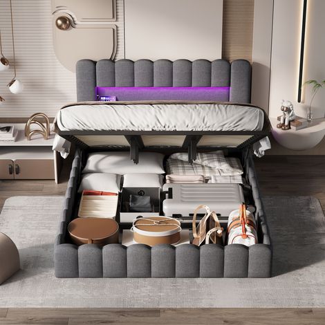 FOERPL-Gepolstertes Bett 180x200cm mit LED et USB/Type-C, Doppelbett 180x200 mit hydraulischem Bettkasten, Polsterbett 180x200 mit Bettkasten und Lattenrost Gepolsterter Bettrahmen
