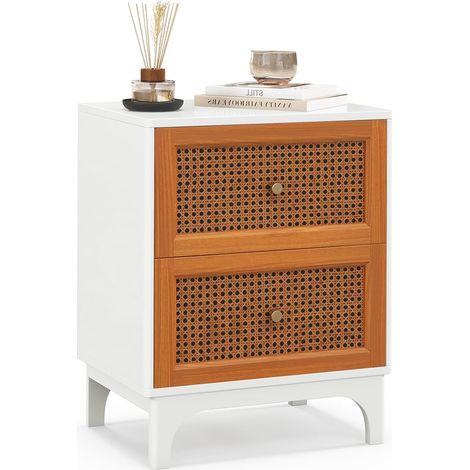 COSTWAY Table de Chevet 2 Tiroirs, Table de Nuit Bohême, Design Cannage, Pieds en Bois Massif, Fermeture Silencieuse, Table d'Appoint en Rotin pour Salon, Chambre, 46 x 33 x 59,5 cm (1/5)