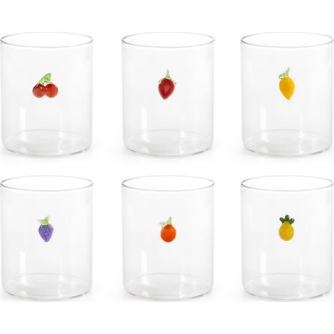 Set de 6 Verres en Verre Borosilicaté 42 cl Décorations Fruits Assortis Ananas, Fraise, Cerises, Raisin, Pêche, Citron (1/5)