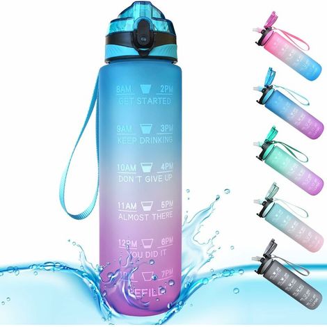 Botella deportiva  de 1 litro, con pajita, sin BPA, con marcador, apertura con un clic, ideal para gimnasio, yoga, camping, ciclismo y actividades al aire libre (azul y morado)