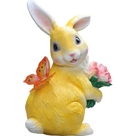 Lámpara de pie solar para exteriores - Figura de conejo y mariposa tulipán (amarilla) hecha de resina para mini zoológico de jardín (1/5)