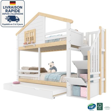 Lit superposé enfant en bois 90X200cm pour 3 personnes - lit cabane avec lit gigogne - échelle de rangement - Garde-corps de type maison - Bois Certifié PEFC - sans matelas - Blanc + couleur naturell (1/5)