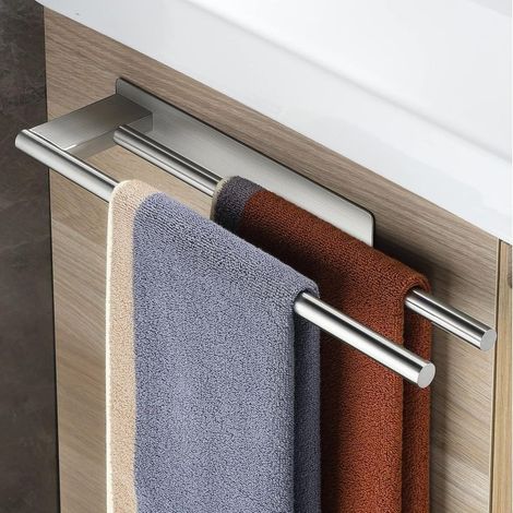 Porte Serviettes Salle De Bain sans Percage Double Porte-Serviettes Adhésif Acier Inoxydable Support Serviette à Deux Bras Murale pour Salle de Bain Cuisine,Argenté (1/5)