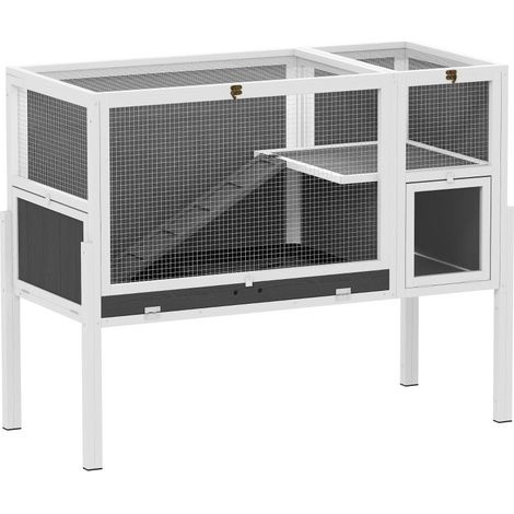 Petit clapier pour hamsters nains, lapins, cochons d'Inde, avec accessoires, surélevé, en bois et métal, gris. Ce produi