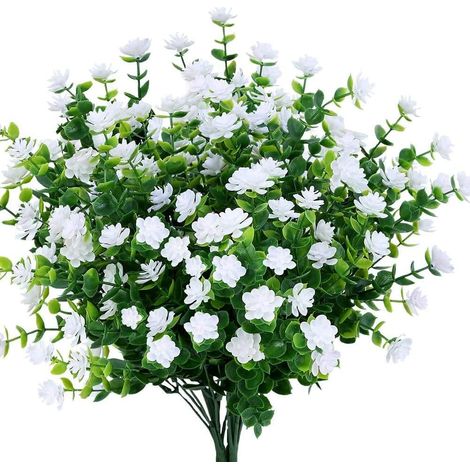 Artificielle Faux Fleurs, 6Pack artificielles Eucalyptus Extérieur UV Résistant Verdure Arbustes Plantes Intérieur Extérieur Suspendus Planteur Accueil Jardin Décor (blanc) (1/5)