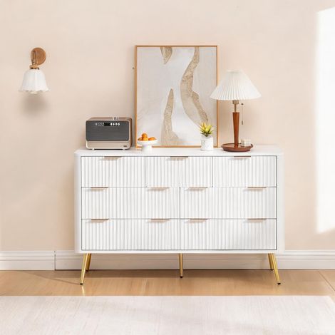 Commode 7 tiroirs blanche en MDF avec pieds surélevés (1/5)