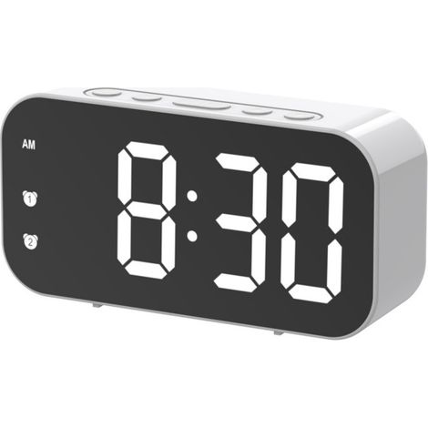 Réveil LED (blanc) avec commande vocale, prise secteur, double alarme, affichage de la température et réglage de la luminosité. (1/5)