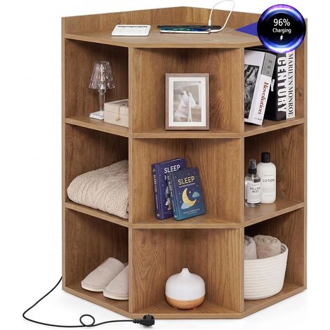 COSTWAY Mobile ad Angolo a 3 Livelli in Legno, 9 Cubi con Ricarica USB,Prese,Naturale