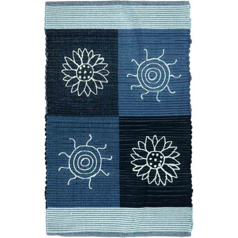 Tappeto SUMMER BLU disegno sole e fiori 100% cotone annodati a mano, passatoia stuoia cucina multiuso lavabile cm.55x110 (1/3)