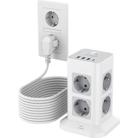 Tour Multiprise 8 Sorties AC avec 4 USB, Parafoudre et Surtension avec Interrupteur et Rallonge Electrique 10M, Prise Multiple 3600W, Adaptateur Secteur pour Cuisine, Bureau, Gris (1/5)