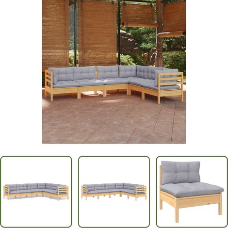 Terrassensofa - 6-tlg. Garten-Lounge-Set mit Grauen Kissen Kiefer Massivholz (1/5)