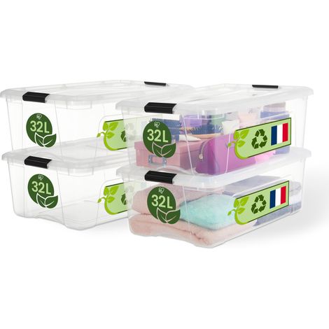 Iris Ohyama, Boite de Rangement Maison Plastique, 32L, Lot de 4, Transparent, BSB-32