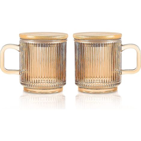 Ensemble de 2 tasses à café en verre irisé de 340 ml avec couvercle, finition côtelée, marron (1/5)