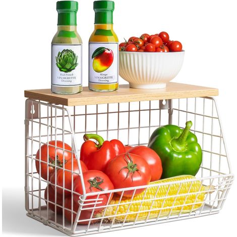 Corbeille à Fruits Empilable Blanche, Panier Métal avec Couvercle Bois et 2 Crochets pour Cuisine