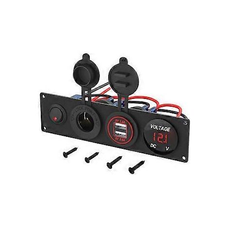 4-in-1-Bedienfeld: 12-V-USB-Anschluss + LED-Voltmeter, zwei USB-Ladebuchsen, Zigarettenanzünderbuchse und Kippschalter (rot)