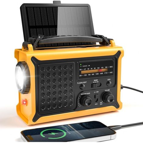 Portable Radio Dynamo, AM/FM Radio Solaire avec 12000mAh Batterie Rechargeable & Manivelle, Camping Portable avec Lampe de Poche & Lumière de Lecture, Alarme SOS (1/5)