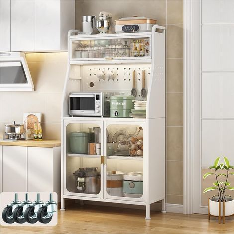 Buffet de cuisine blanc 160x66cm avec plan de travail et roulettes verrouillables (1/5)