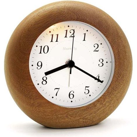 Non-ticking analog alarm clock, wooden alarm clock with snooze, radiation-free battery operated alarm clock, desk clock with night light for children's bedroom, bedside and MUMU (1/4)