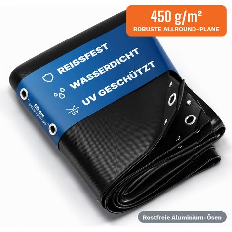 UMBRELLA® Abdeckplane 450 g/m² 1,5x3 m (4,5 m²) Schwarz – reißfeste PVC-Gewebeplane, 100 % wasserdicht & UV-beständig, Aluminium-Ösen, verschweißter Saum – für LKW, Anhänger, Boot, Holz, Pool & Garten (1/5)