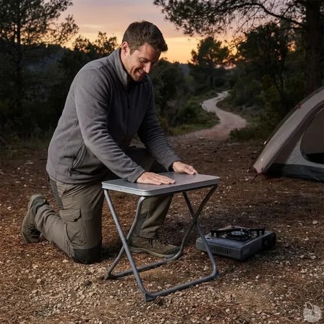 Table de camping pliante en acier gris - Plateau supplémentaire inclus (1/5)