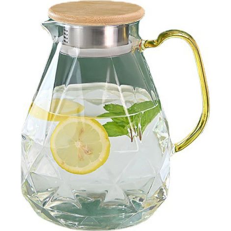 1 pichet en verre 1,5 L, motif diamant, couvercle acier et bambou, idéal eau aromatisée et thé, usage cuisine et salle à manger (1/5)
