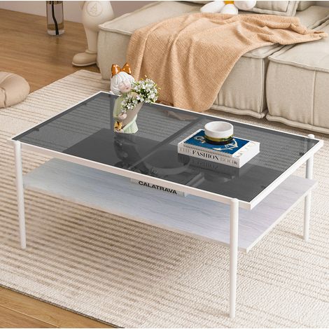 Mesa de centro rectangular en vidrio templado y MDF, patas de metal, gris y blanco, diseño moderno (1/5)