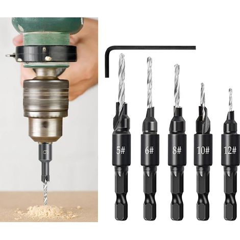 Set di 5 punte coniche a sgancio rapido con gambo esagonale regolabile per la lavorazione del legno con chiave esagonale (5, 6, 8, 10, 12) Set di 5 pezzi di utensili per fori per viti da legno