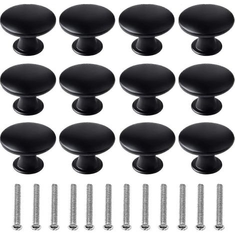 Lot de 12 boutons de porte noirs de 30 mm pour placards et armoires de cuisine, style vintage mat, ronds, avec 12 vis. (1/5)