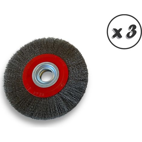 Lot de 3 brosses circulaires ACIER  Ø 200 mm  Epaisseur 3 rangs  Fil souple 0.20 mm ondulé  Alésage 32 mm + réducteur bague 25/22/20/16/12 mm  Touret affûteuse ponceuse  Kibros 238203AVx3