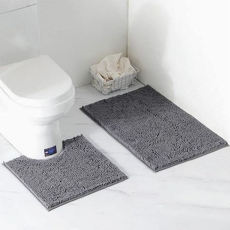 2-Piece Bath Mat Set, Pedestal Set, Non-Slip Bathroom Mat, Water Absorbent, Bath Mat, U-Shaped Toilet Pedestal Mat, Rug (Grey) (1/5)