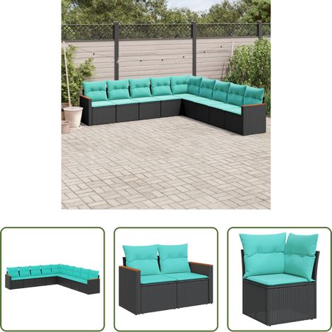 vidaXL Gartenmöbel - 9-teiliges Gartensofa-Set mit Kissen, schwarzes Polyrattan (1/5)