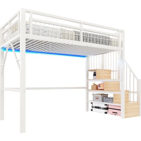 Lit mezzanine 90 x 200 cm avec LED, escalier avec rangement, structure métal et MDF, couchage enfant avec espace libre sous le lit, blanc - CHICFURN (1/5)