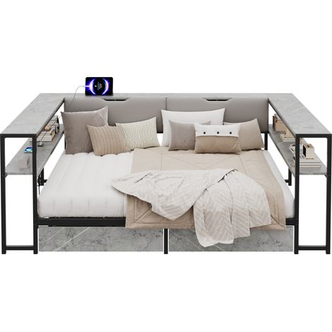 CHICFURN Cama tapizada juvenil 140x200 con USB y Type-C, 2 cajones y 6 espacios de almacenamiento, somier de metal, MDF y tela gris para dormitorio infantil (1/5)