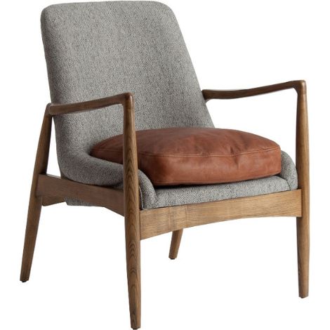 Fauteuil tissu gris coussin cuir marron et pieds pin massif clair Pierig (1/5)