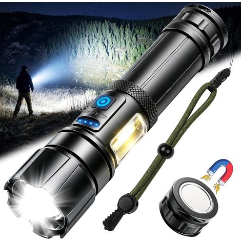 Linterna LED ultra potente, 500.000 lúmenes, recargable, con 9 modos, linterna táctica con luz lateral COB, ideal para acampar, hacer senderismo y emergencias. (1/5)