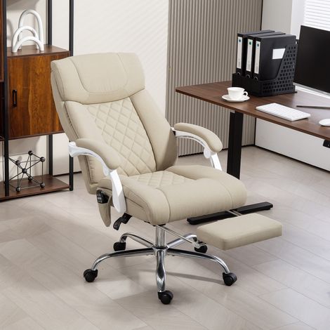 Poltrona da ufficio reclinabile con schienale alto massaggiante, riscaldamento lombare, poggiapiedi e ruote, 66x70x112-120 cm, beige