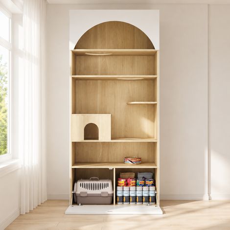 MODFU – Mueble para gato 90x50x200 cm con muro de escalada, nicho y 2 compartimentos de almacenamiento – Blanco/madera (1/5)