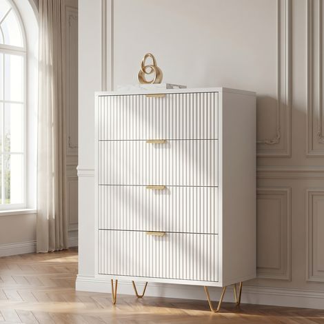 Commode chambre blanche avec 4 tiroirs, meuble de rangement avec façades texturées et pieds dorés, Conception anti-basculement – Dimensions 60 x 34 x 91 cm (1/5)