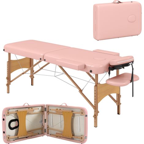 HOMCOM camilla de masaje plegable con reposacabezas extraíble asa marco de madera altura regulable y bolsa de transporte 210x81x67-92 cm rosa